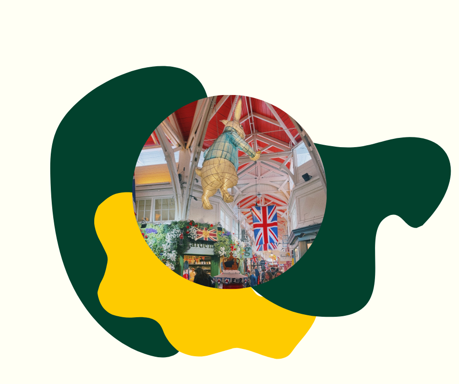 Photograph of fair, presented in coloured shapes