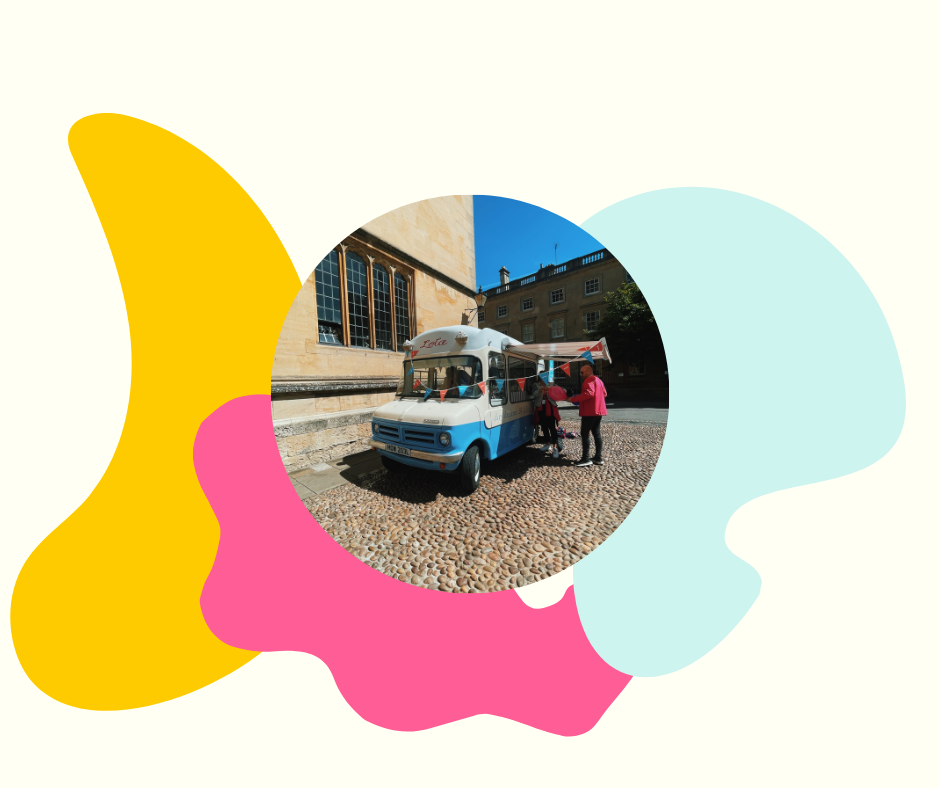 Photograph of ice cream van, within coloured shapes