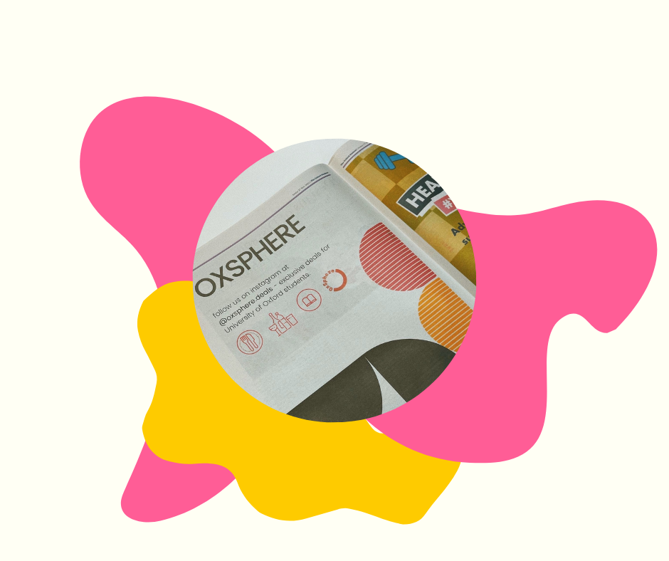 Photo of student newspaper, contained in coloured shapes